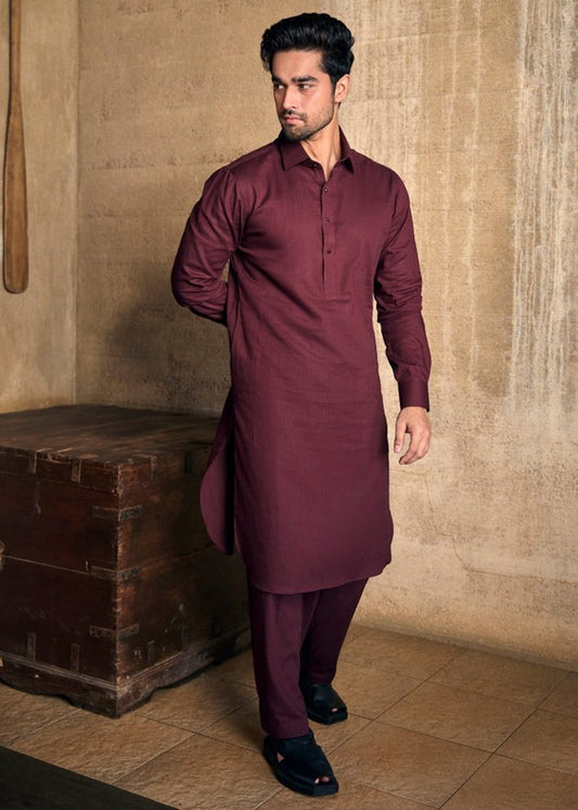 Unstitched Majestic Mehroon Cotton Suit